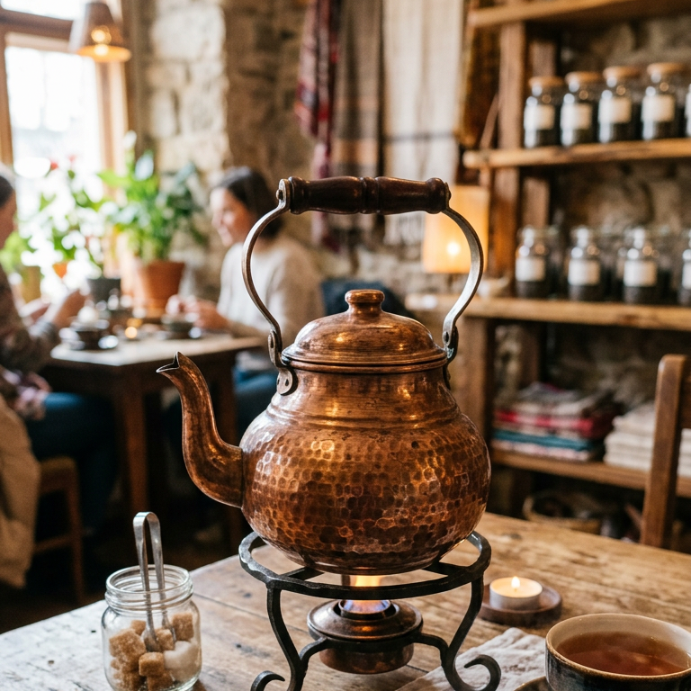 firefly gemini flash generate a photo of a copper pot where tea would be served 326411