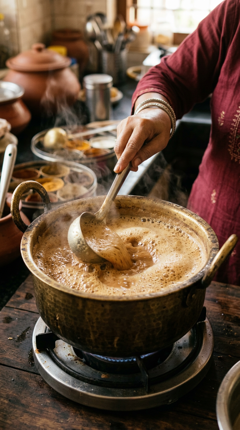 firefly gemini flash generate a photo of a zoomed in photo of a pot and someone using a ladle to froth the 326411