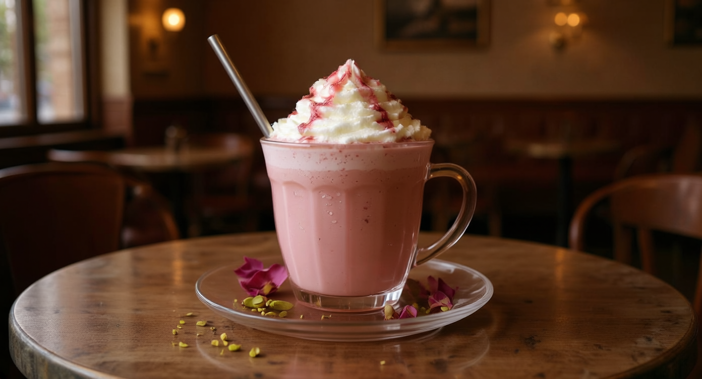 firefly start fresh and create a photo of a frappucino made with rooh afza showcased in a gla 587115
